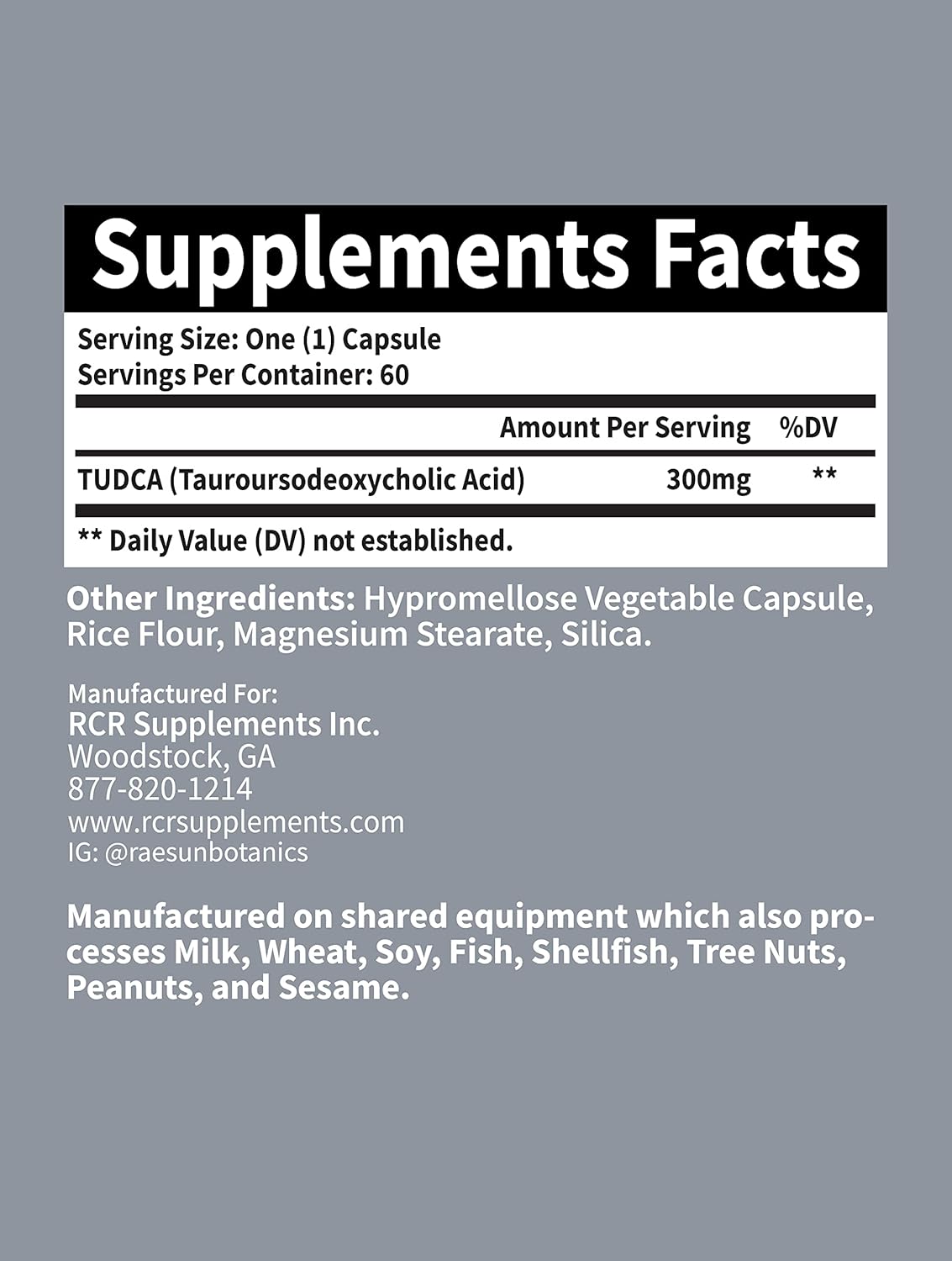 Premium Quality RaeSun Botanics TUDCA (Tauroursodeoxycholic Acid) 300mg Capsules - Maximum Liver Support, 60 Count - 3rd Party Tested