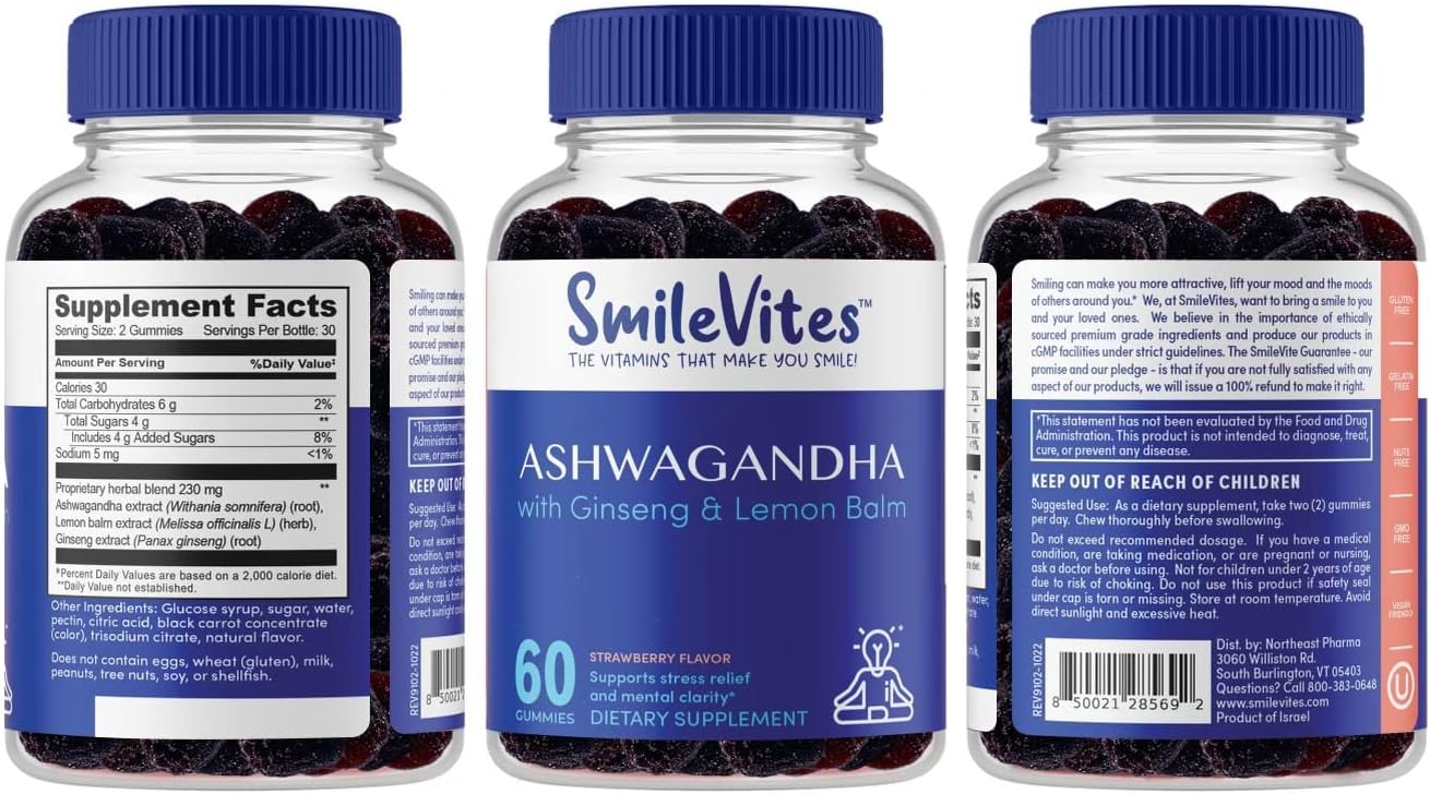 Premium Quality Strawberry Flavored Ashwagandha Gummies for Stress Relief, Energy Boost, Sleep Support, Cognitive Function, and Antioxidant Protection - 60 Count