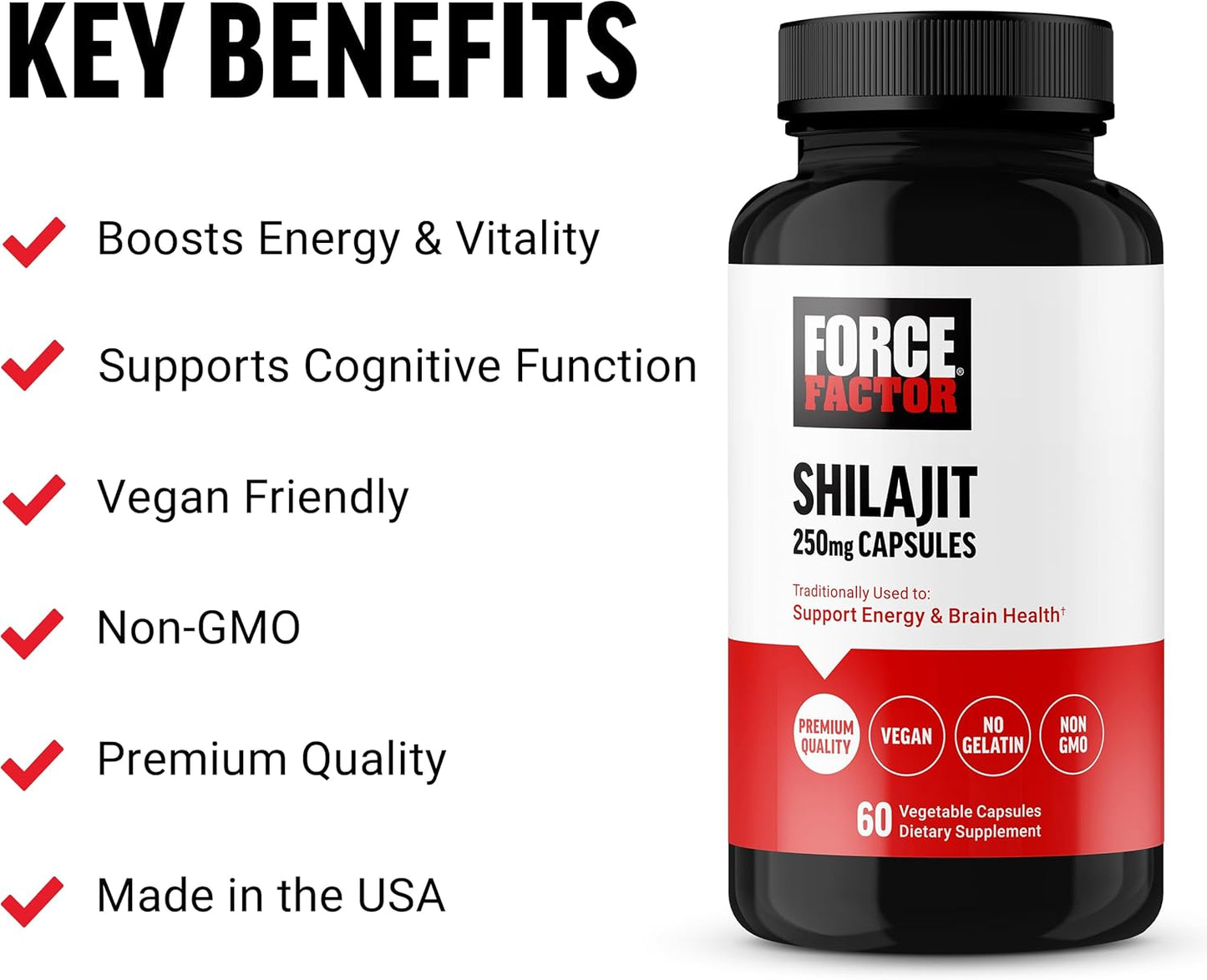 Premium Quality Vegan Shilajit Supplement for Energy and Brain Health - 60 Capsules