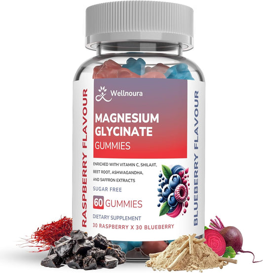 Premium Quality Wellnoura Magnesium Glycinate Gummies with Ashwagandha, Vitamin C & Shilajit - High Strength, Stomach-Friendly Formula with No Added Sugar