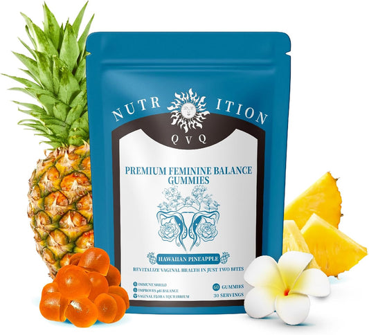 Premium QVQ Vital Organic Natural Sourcing Feminine PH Balance Gummies - Women's Health & Immune Support - Hawaiian Pineapple Flavor - 60 Count