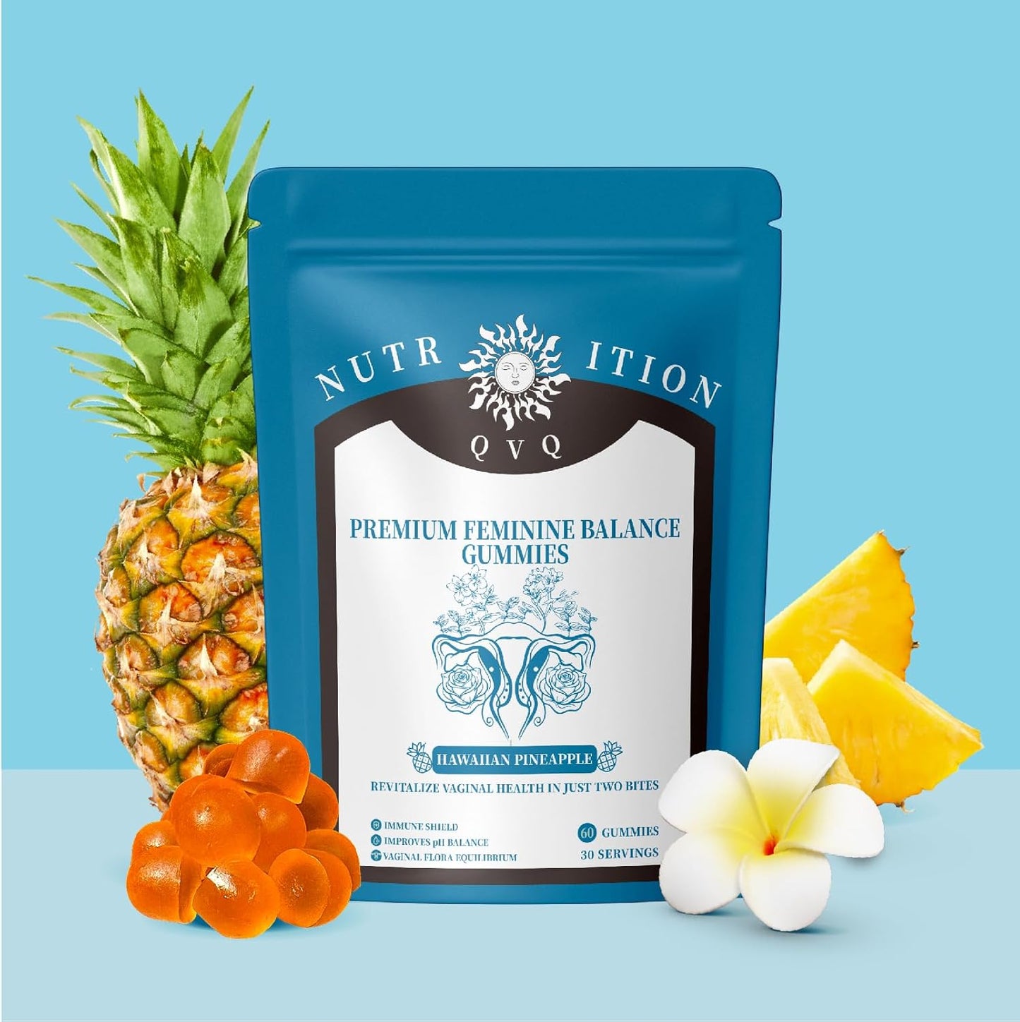 Premium QVQ Vital Organic Natural Sourcing Feminine PH Balance Gummies - Women's Health & Immune Support - Hawaiian Pineapple Flavor - 60 Count