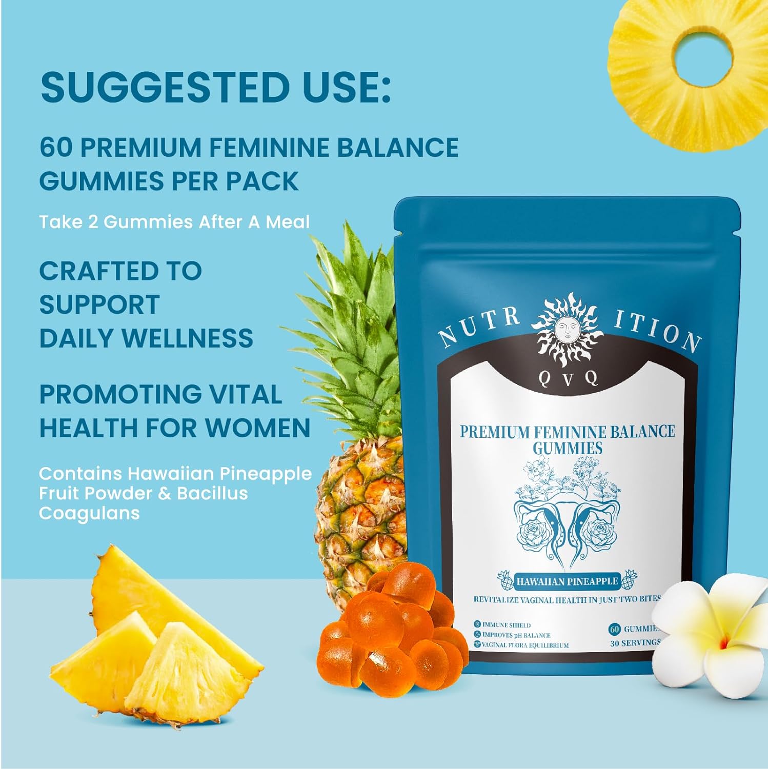 Premium QVQ Vital Organic Natural Sourcing Feminine PH Balance Gummies - Women's Health & Immune Support - Hawaiian Pineapple Flavor - 60 Count
