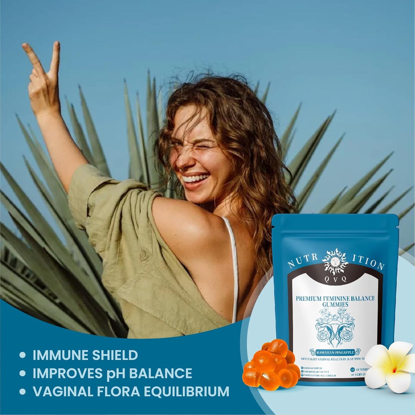 Premium QVQ Vital Organic Natural Sourcing Feminine PH Balance Gummies - Women's Health & Immune Support - Hawaiian Pineapple Flavor - 60 Count