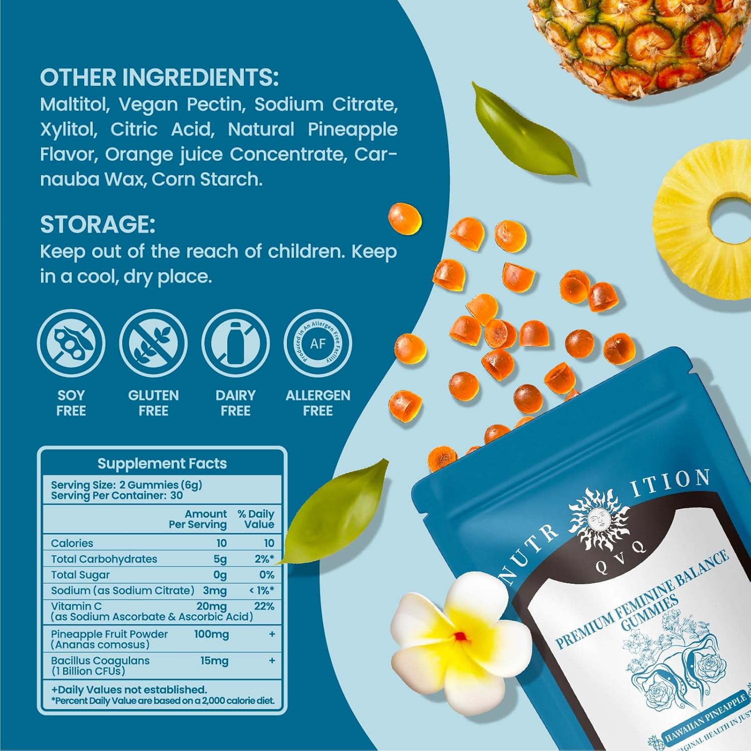 Premium QVQ Vital Organic Natural Sourcing Feminine PH Balance Gummies - Women's Health & Immune Support - Hawaiian Pineapple Flavor - 60 Count