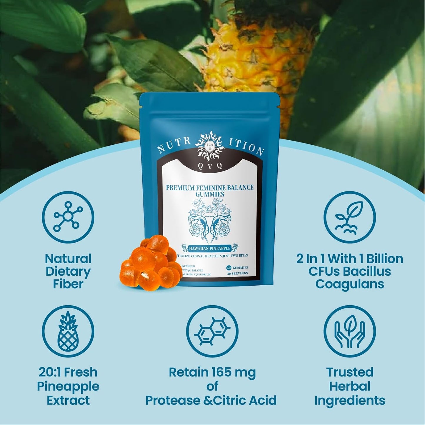 Premium QVQ Vital Organic Natural Sourcing Feminine PH Balance Gummies - Women's Health & Immune Support - Hawaiian Pineapple Flavor - 60 Count