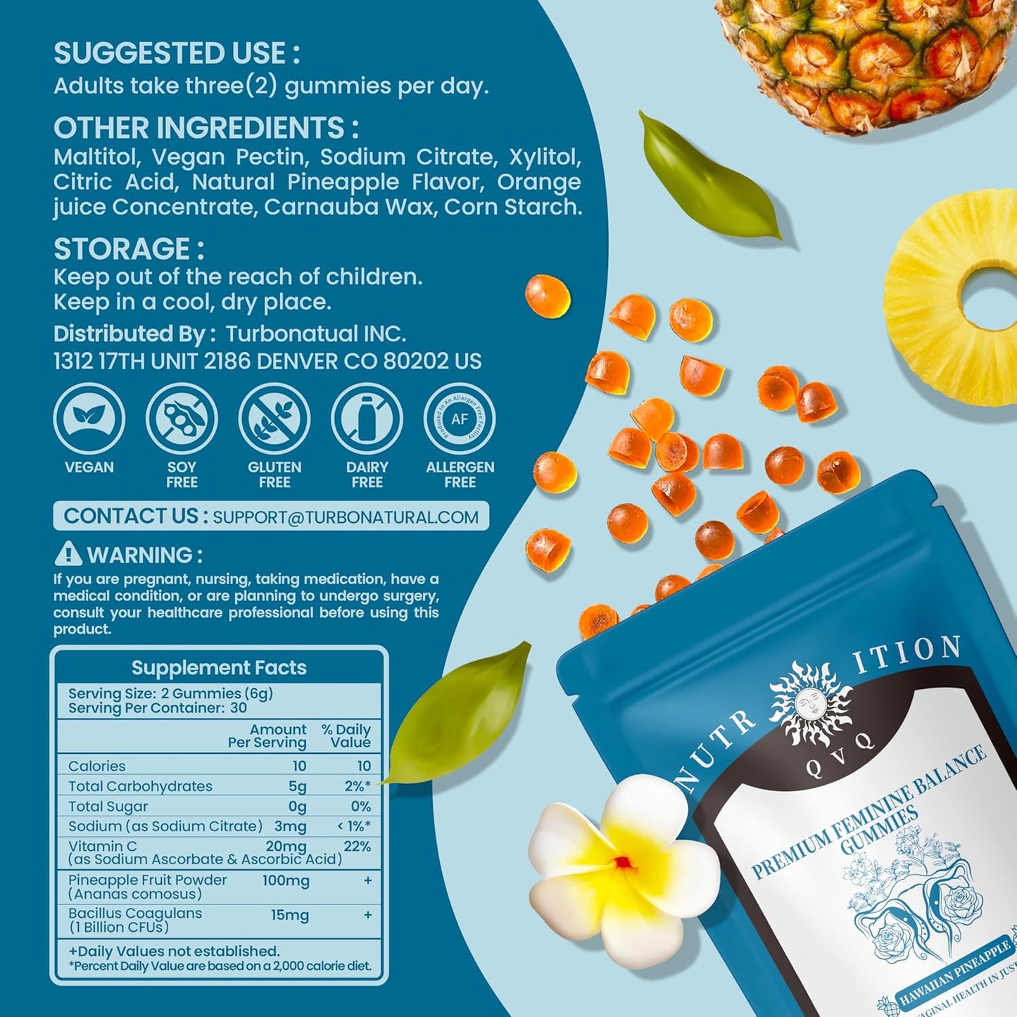 Premium QVQ Vital Organic Natural Sourcing Feminine PH Balance Gummies - Women's Health & Immune Support - Hawaiian Pineapple Flavor - 60 Count