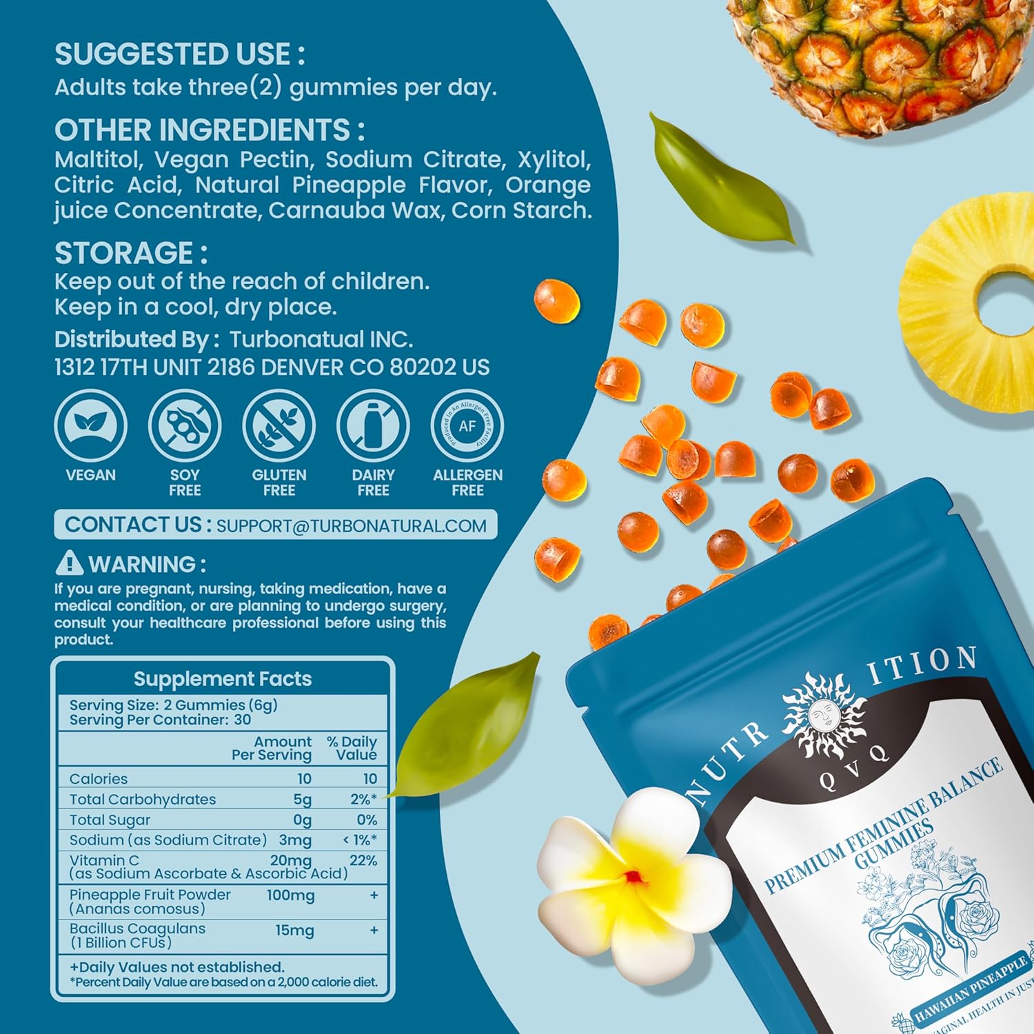 Premium QVQ Vital Organic Natural Sourcing Feminine PH Balance Gummies - Women's Health & Immune Support - Hawaiian Pineapple Flavor - 60 Count