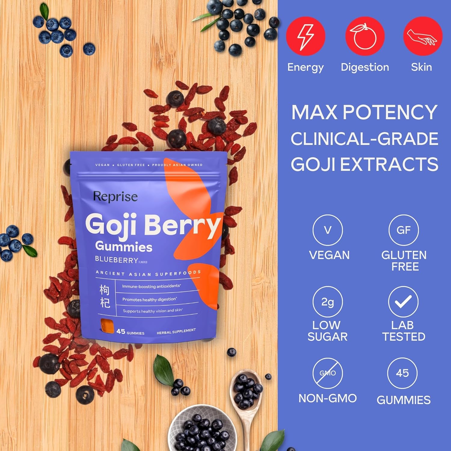 Premium Reprise Goji Berry Superfood Gummies - Full-Potency 240mg Antioxidants, Vegan, 45 Blueberry Gummies