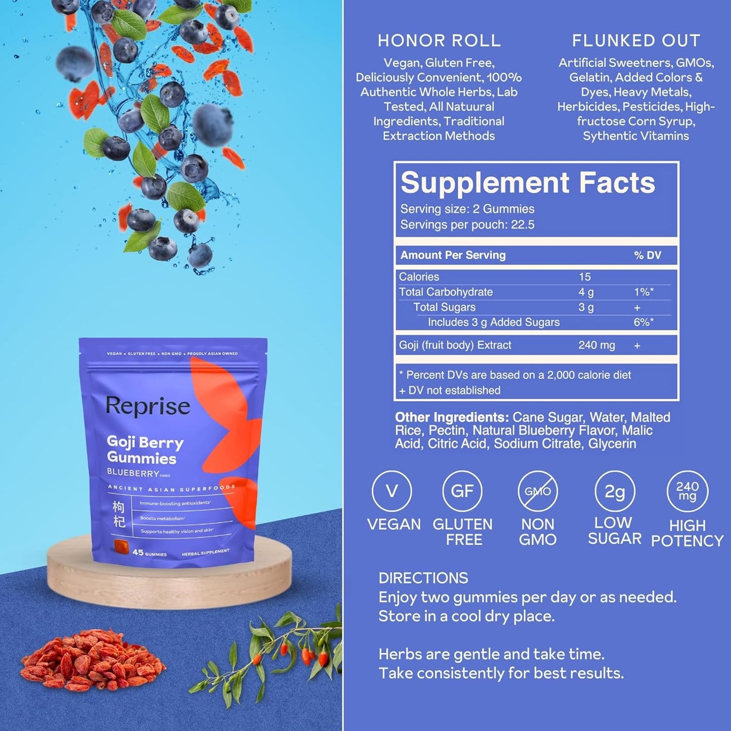 Premium Reprise Goji Berry Superfood Gummies - Full-Potency 240mg Antioxidants, Vegan, 45 Blueberry Gummies