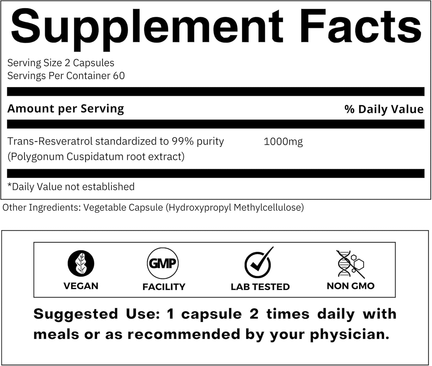 Premium Resveratrol Capsules - 99% Trans-Resveratrol - Japanese Knotweed Extract - Immune & Anti-Aging Support - 120 Capsules