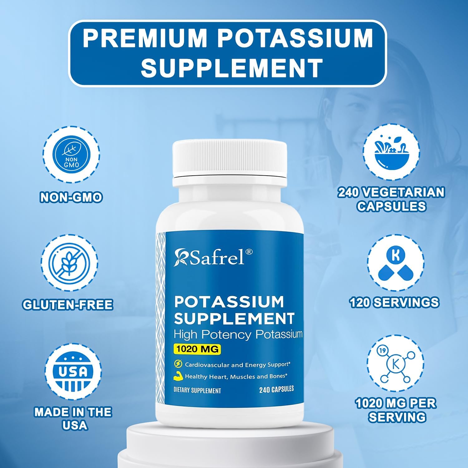 Premium Safrel Potassium Supplement 1020mg - 240 Vegetarian Capsules (Non-GMO, Gluten-Free) - Made in USA - 120 Servings