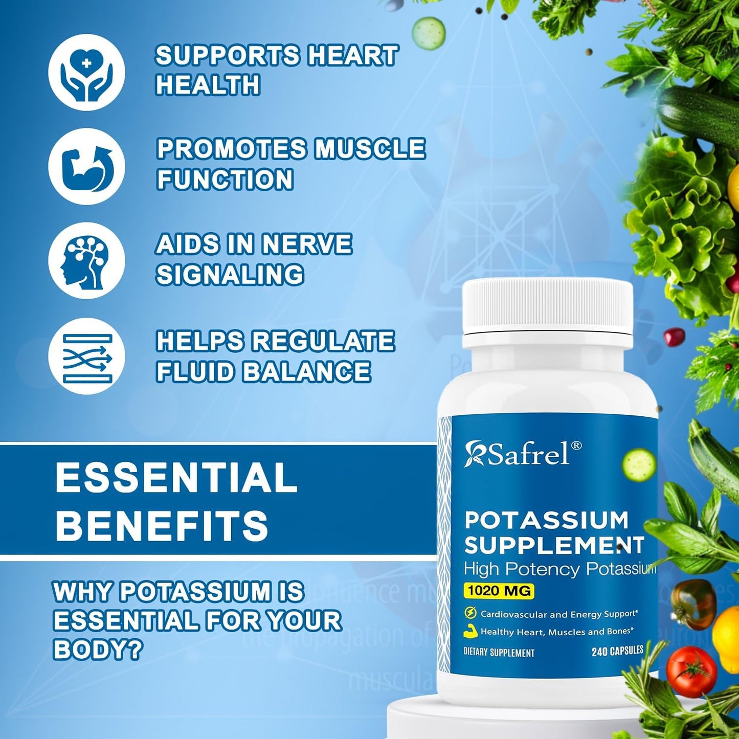 Premium Safrel Potassium Supplement 1020mg - 240 Vegetarian Capsules (Non-GMO, Gluten-Free) - Made in USA - 120 Servings