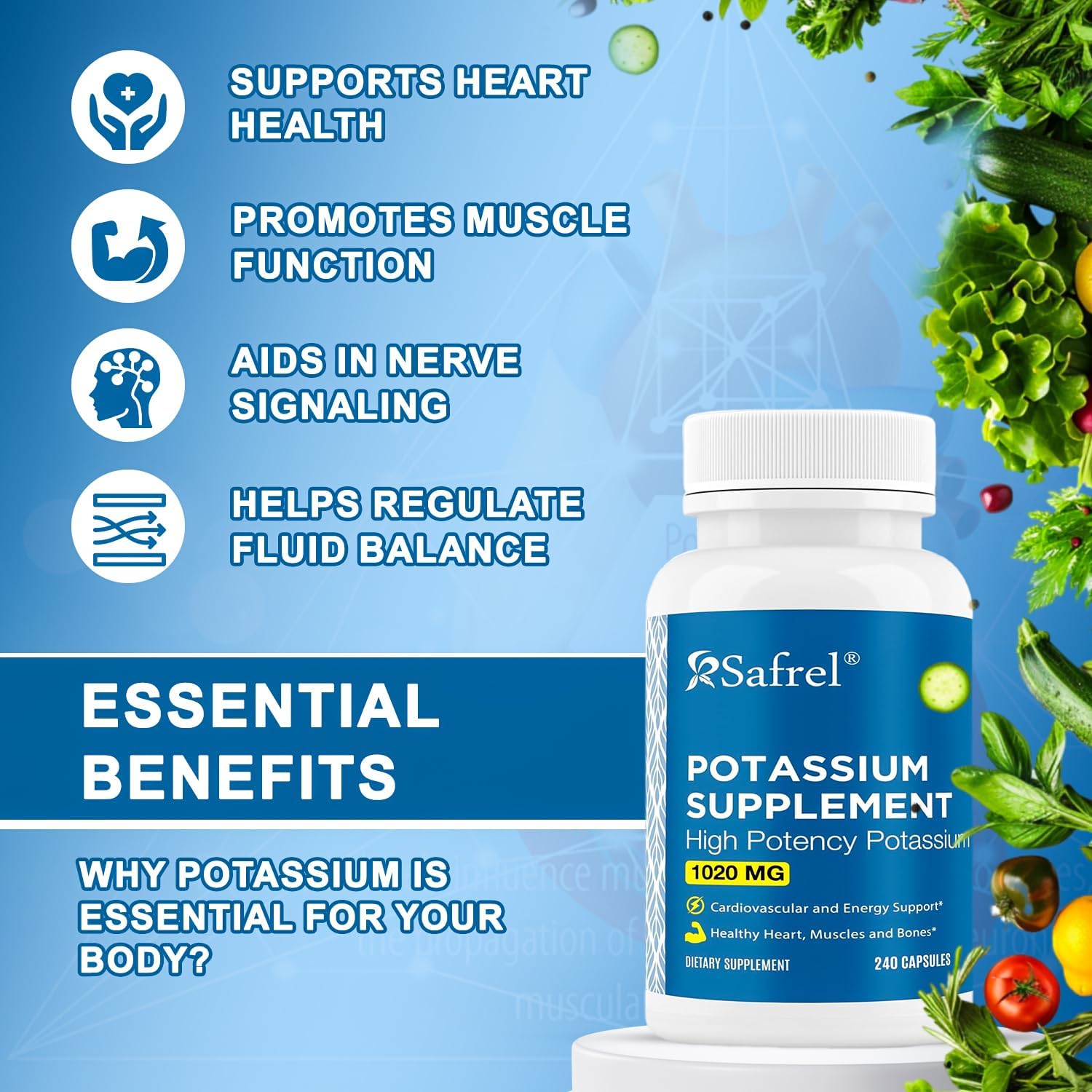 Premium Safrel Potassium Supplement 1020mg - 240 Vegetarian Capsules (Non-GMO, Gluten-Free) - Made in USA - 120 Servings