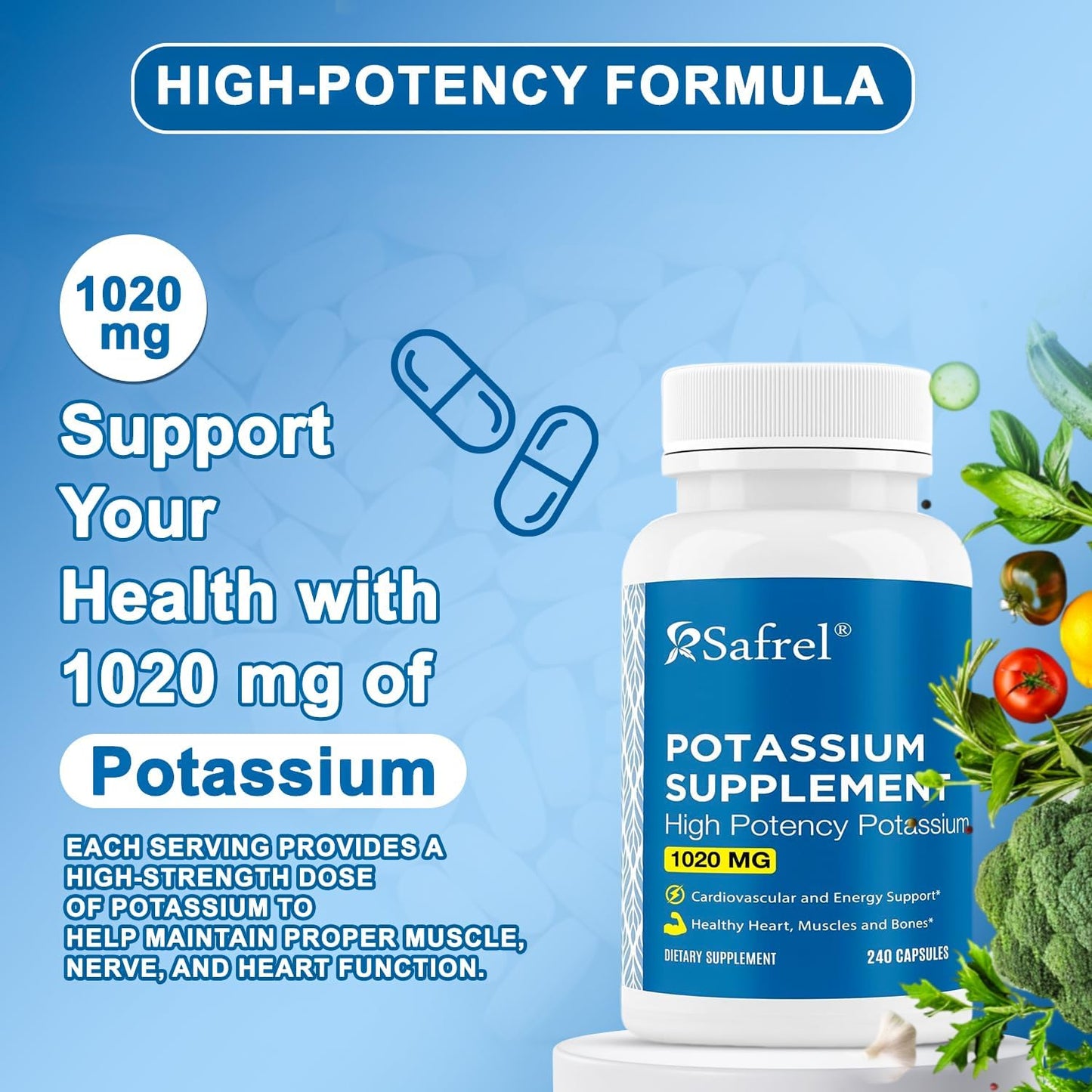 Premium Safrel Potassium Supplement 1020mg - 240 Vegetarian Capsules (Non-GMO, Gluten-Free) - Made in USA - 120 Servings
