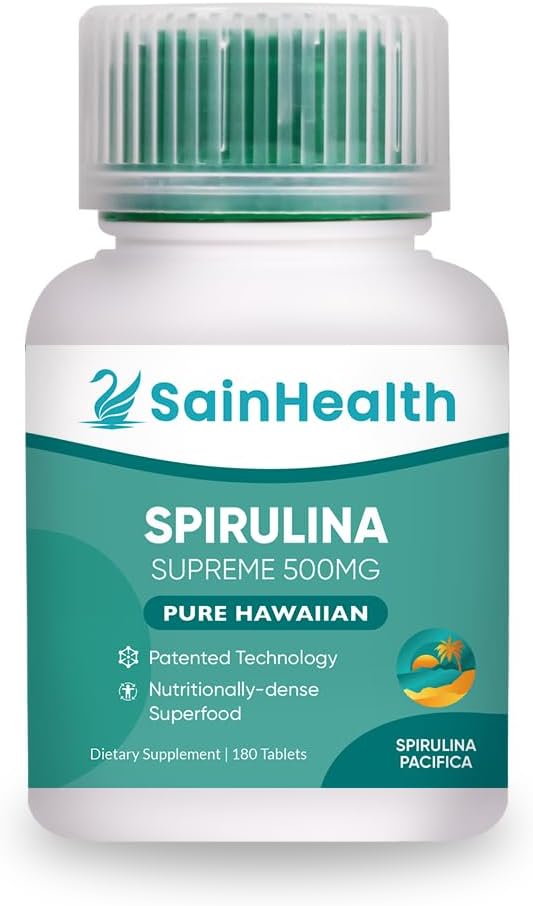 Premium SainHealth Spirulina Pacifica Tablets - Rich in Carotenoids, 90+ Trace Elements, Metabolism Support & Energy Boost - 500mg, 180 ct