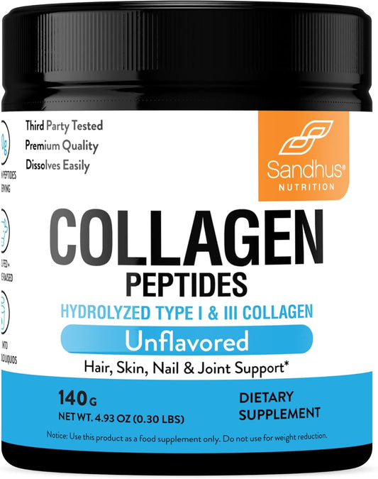 Premium Sandhu's Grass-Fed Collagen Peptides Powder 4.9 oz - Unflavored Hydrolyzed Bovine Collagen for Skin, Hair, Nails, Joints, Bones - Made in USA
