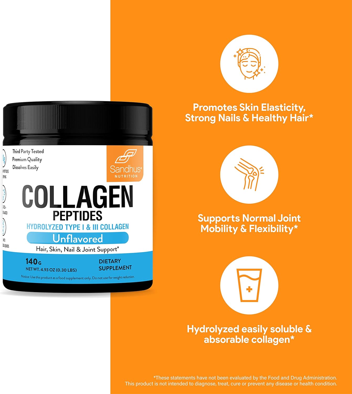 Premium Sandhu's Grass-Fed Collagen Peptides Powder 4.9 oz - Unflavored Hydrolyzed Bovine Collagen for Skin, Hair, Nails, Joints, Bones - Made in USA