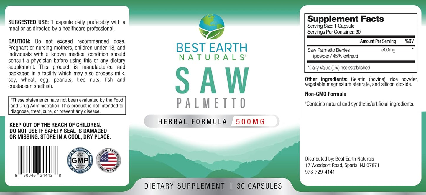 Premium Saw Palmetto 500mg Capsules for Hair, Prostate, Urinary Health - 30 Count - Natural Formula