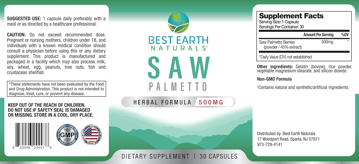 Premium Saw Palmetto 500mg Capsules for Hair, Prostate, Urinary Health - 30 Count - Natural Formula