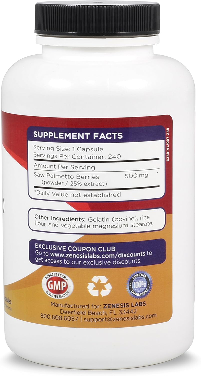 Premium Saw Palmetto Extract Capsules - 240 Count - 500mg per Capsule - Extra Strength Formula with Double the Capsules
