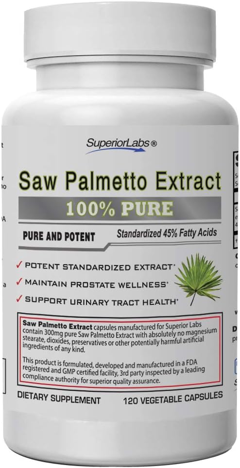 Premium Saw Palmetto Extract Capsules - NonGMO & Non Synthetic - 300mg, 120 Veg Caps - Promotes Urinary Tract Health & Function