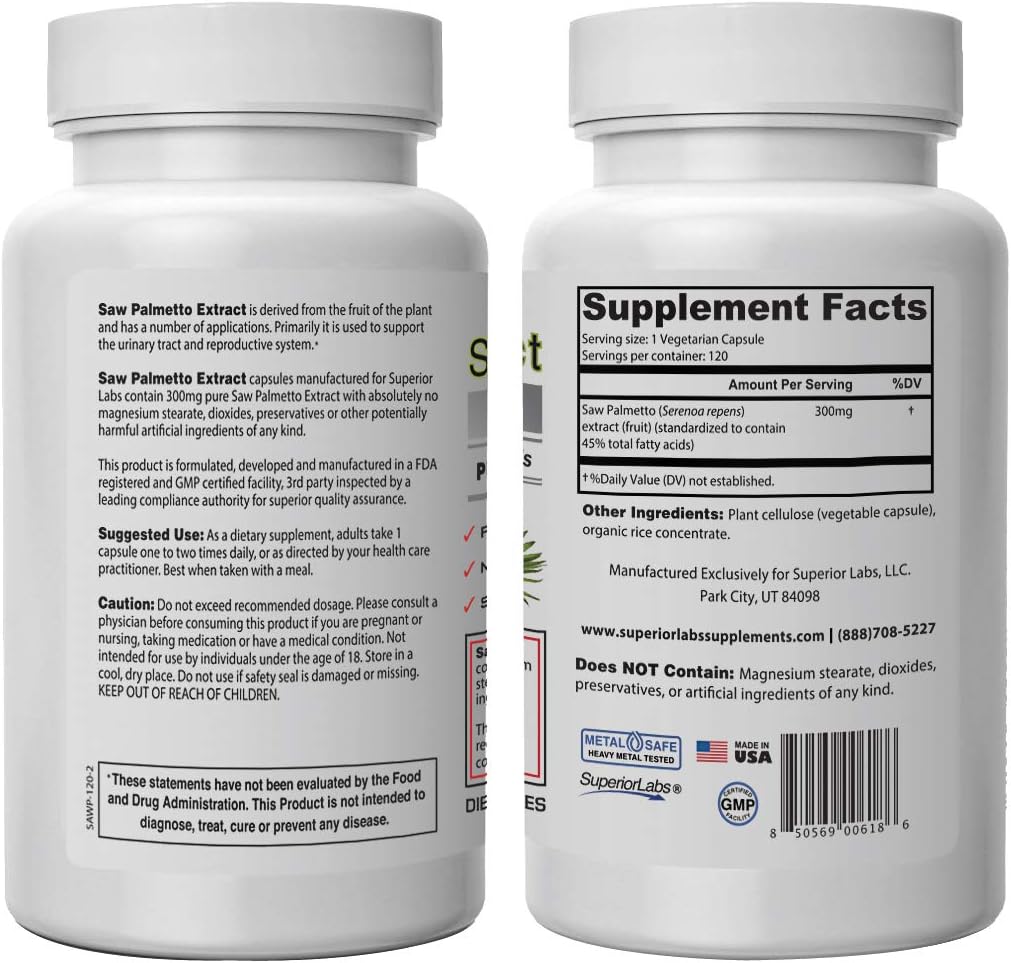 Premium Saw Palmetto Extract Capsules - NonGMO & Non Synthetic - 300mg, 120 Veg Caps - Promotes Urinary Tract Health & Function