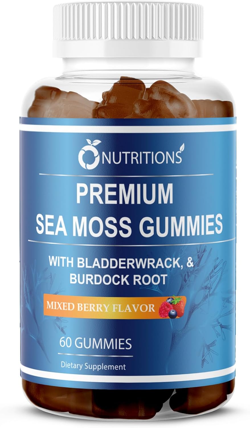 Premium Sea Moss Gummies with Irish Sea Moss, Burdock Root, and Bladderwrack - Raw Alkaline Supplement by O NUTRITIONS