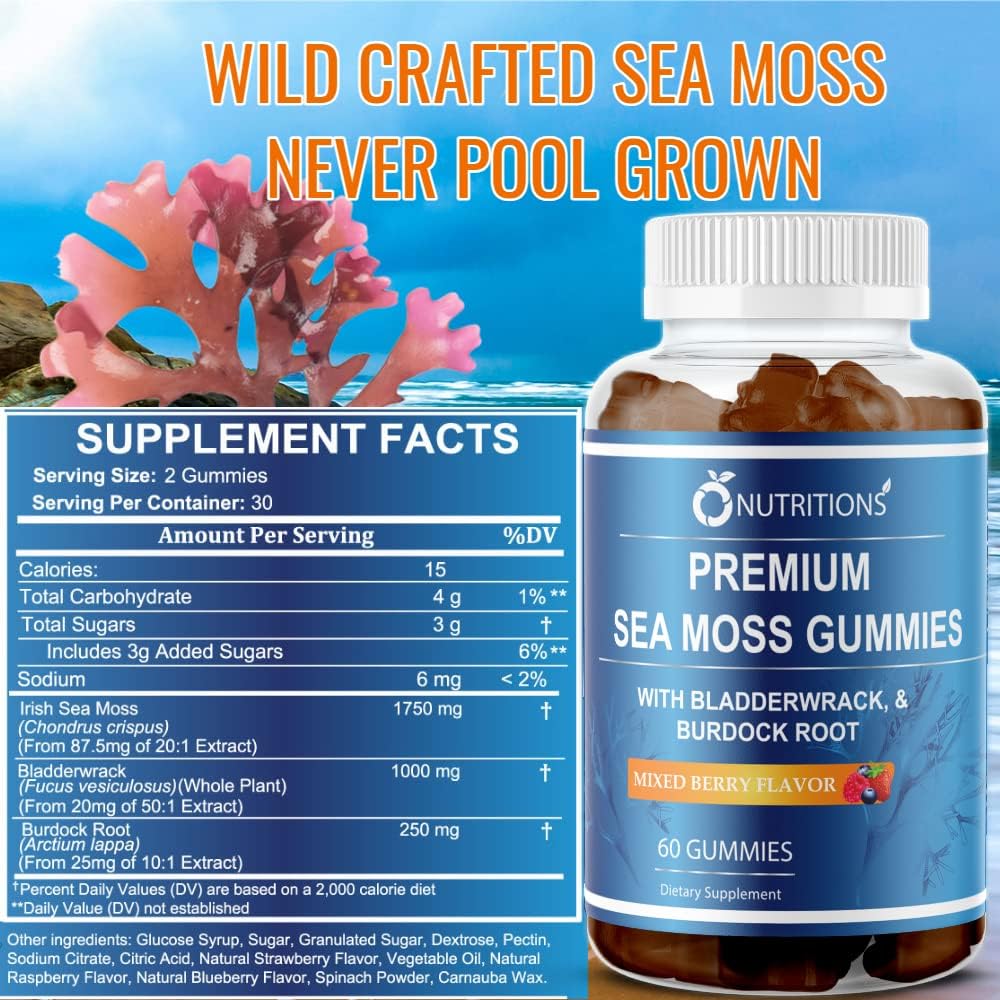 Premium Sea Moss Gummies with Irish Sea Moss, Burdock Root, and Bladderwrack - Raw Alkaline Supplement by O NUTRITIONS