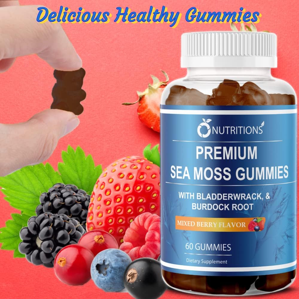 Premium Sea Moss Gummies with Irish Sea Moss, Burdock Root, and Bladderwrack - Raw Alkaline Supplement by O NUTRITIONS