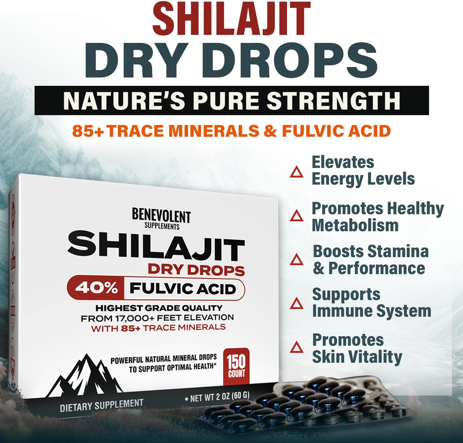 Premium Shilajit Dry Drops - 150 Count, 250mg Each - Maximum Potency for Men - Energy, Metabolism & Immune Health - Non-GMO USA Made