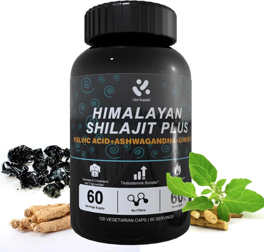 Premium Shilajit Himalayan Supplement Capsules with Fulvic Acid, Ashwagandha, Ginseng Extract - 120 Vegan Capsules for Men's Energy Support with High Trace Minerals