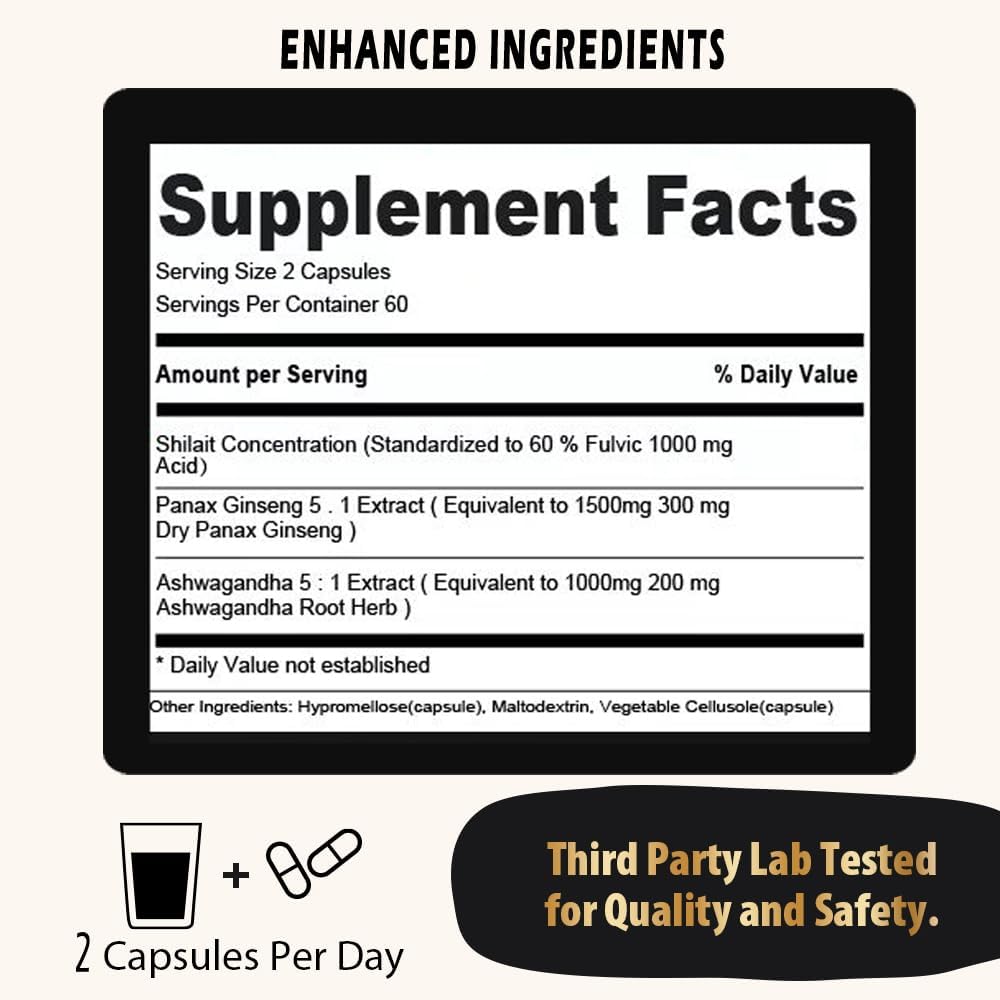 Premium Shilajit Himalayan Supplement Capsules with Fulvic Acid, Ashwagandha, Ginseng Extract - 120 Vegan Capsules for Men's Energy Support with High Trace Minerals