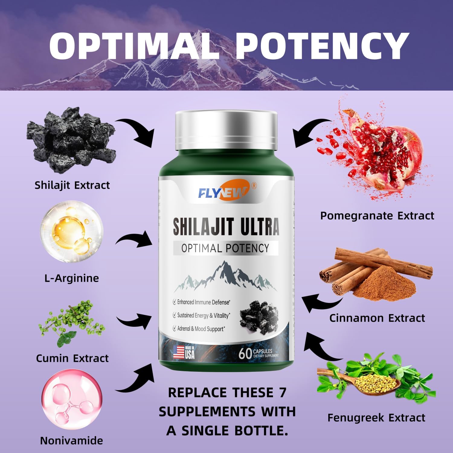 Premium Shilajit Ultra Supplement for Energy, Vitality & Potency - 60 Capsules - Made in USA - with L-arginine, Pomegranate, Cinnamon, Fenugreek, Cumin Extracts