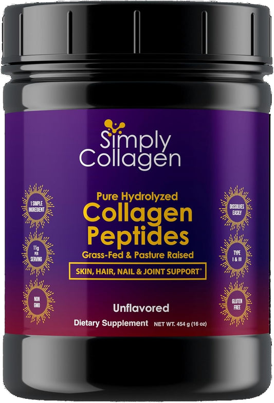 Premium Simply Collagen® Hydrolyzed Peptides - Boosts Hair, Skin, Nails, Bones & Joints - Grass Fed Type I & III - 41 Servings