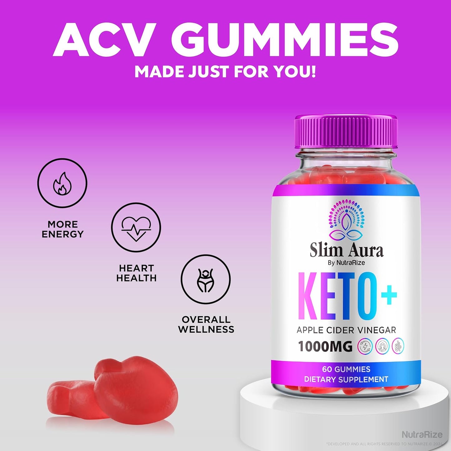 Premium Slim Aura Keto ACV Gummies (2 Pack) for Weight Loss - Natural Apple Cider Vinegar Gummy with Keto Formula - 120 Gummies