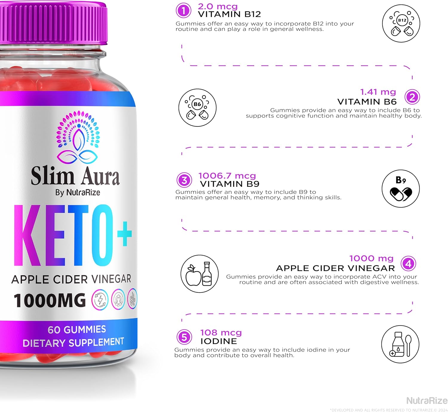 Premium Slim Aura Keto ACV Gummies (2 Pack) for Weight Loss - Natural Apple Cider Vinegar Gummy with Keto Formula - 120 Gummies