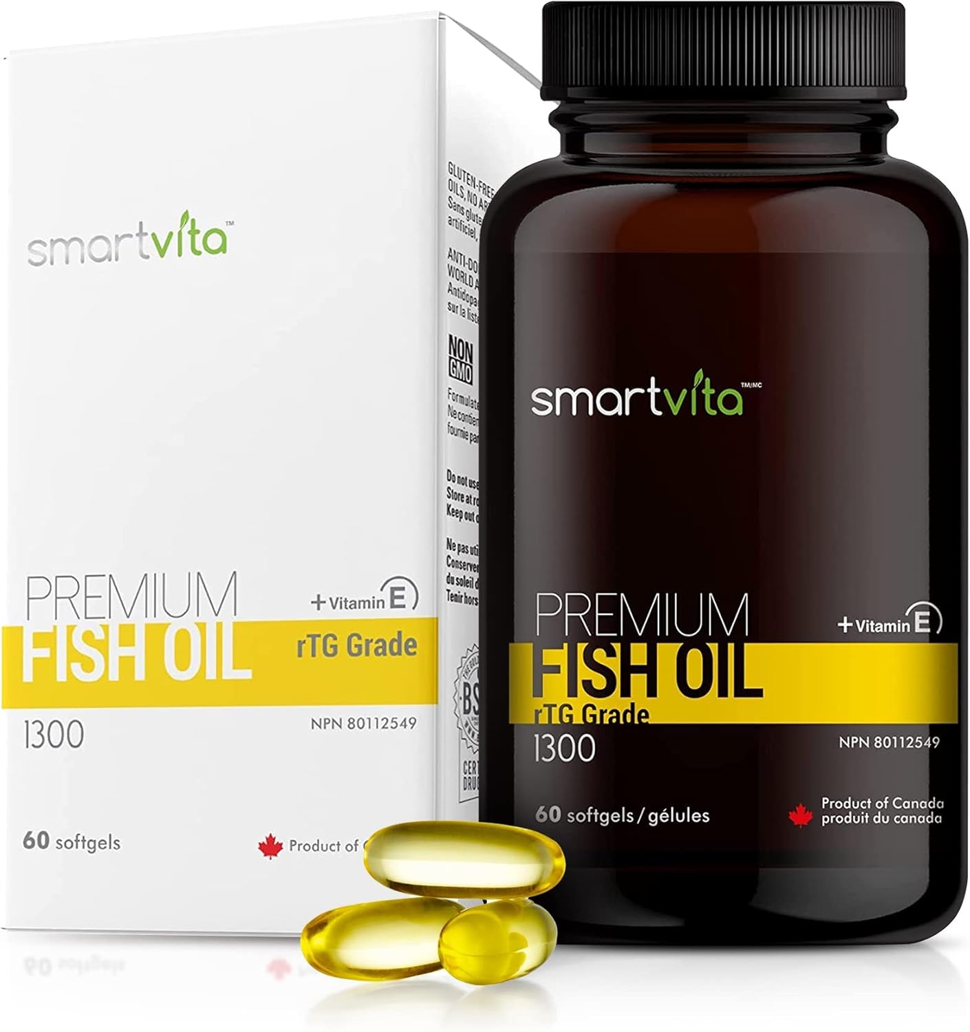 Premium Smartvita Fish Oil Capsules with rTG Grade Omega 3, EPA, DHA, & Vitamin E - Burpless Multivitamin Supplement for Men & Women, 60 Softgels