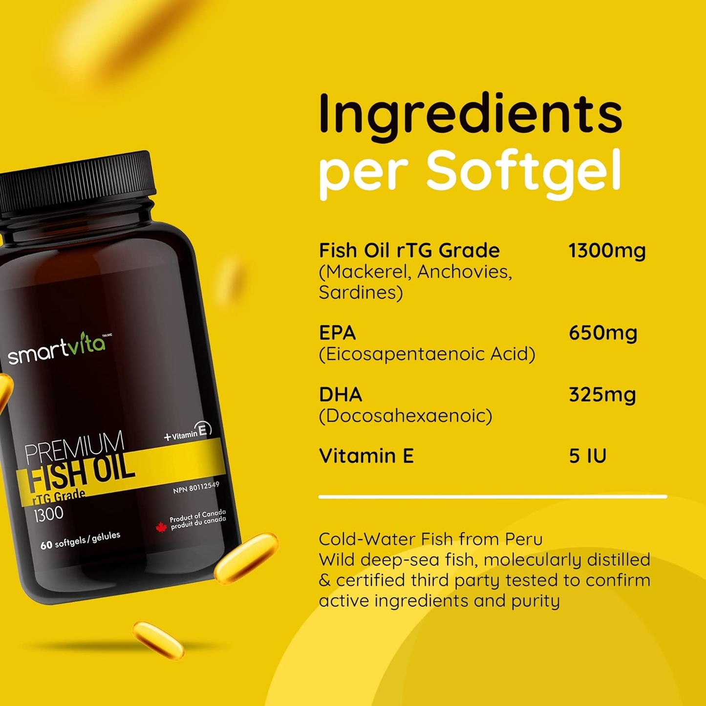 Premium Smartvita Fish Oil Capsules with rTG Grade Omega 3, EPA, DHA, & Vitamin E - Burpless Multivitamin Supplement for Men & Women, 60 Softgels