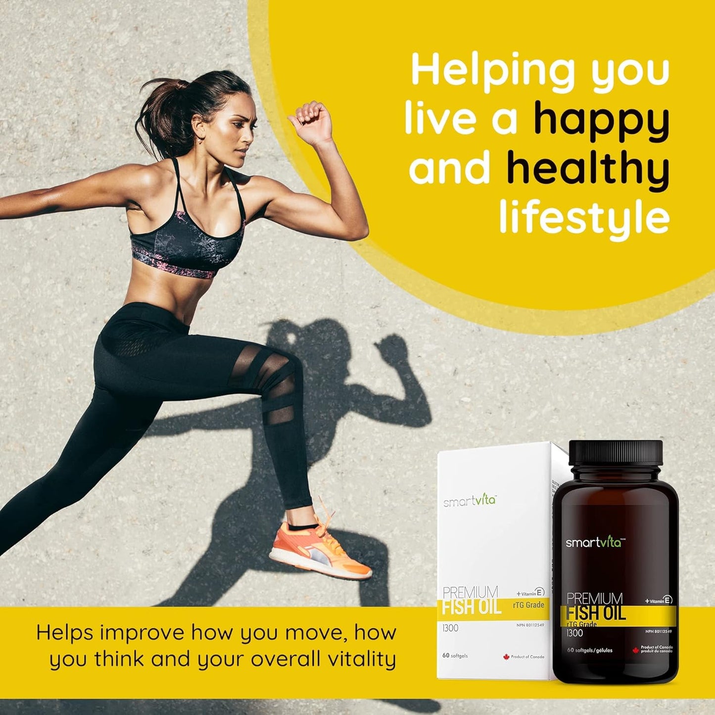 Premium Smartvita Fish Oil Capsules with rTG Grade Omega 3, EPA, DHA, & Vitamin E - Burpless Multivitamin Supplement for Men & Women, 60 Softgels