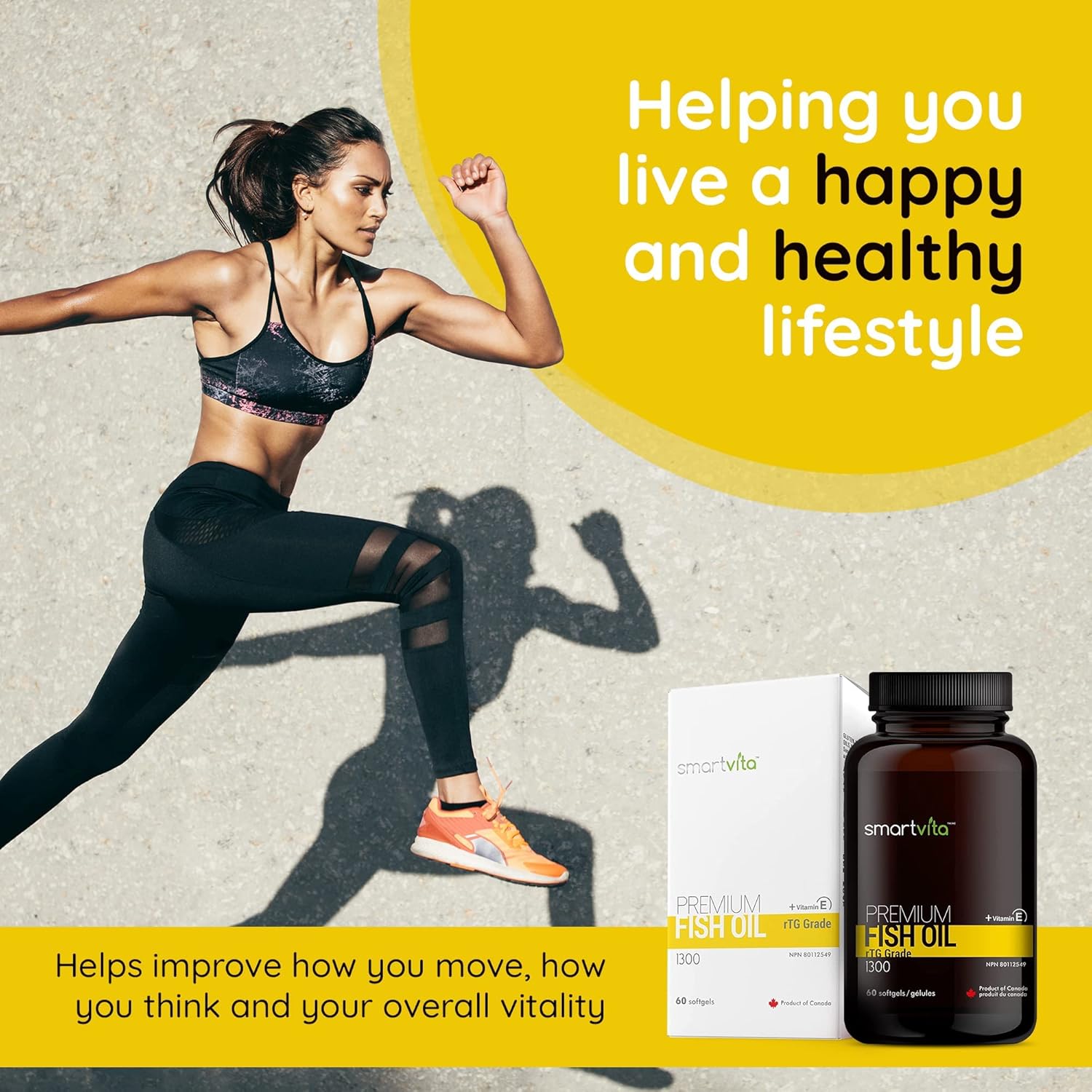 Premium Smartvita Fish Oil Capsules with rTG Grade Omega 3, EPA, DHA, & Vitamin E - Burpless Multivitamin Supplement for Men & Women, 60 Softgels