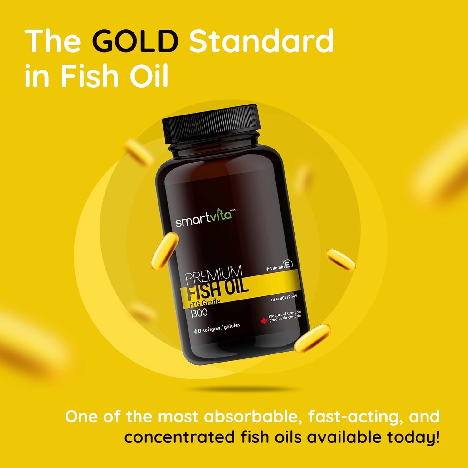 Premium Smartvita Fish Oil Capsules with rTG Grade Omega 3, EPA, DHA, & Vitamin E - Burpless Multivitamin Supplement for Men & Women, 60 Softgels