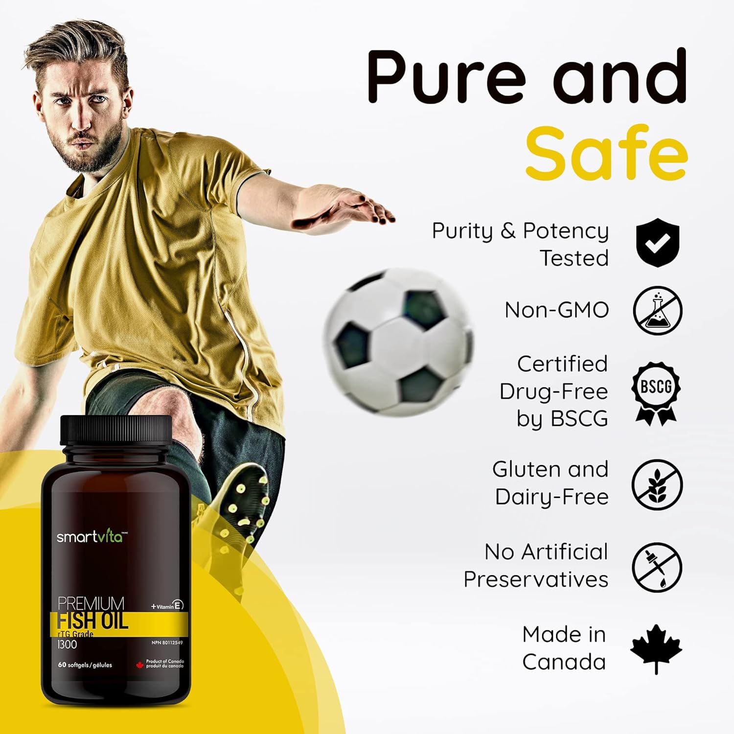 Premium Smartvita Fish Oil Capsules with rTG Grade Omega 3, EPA, DHA, & Vitamin E - 60 Softgels for Men & Women