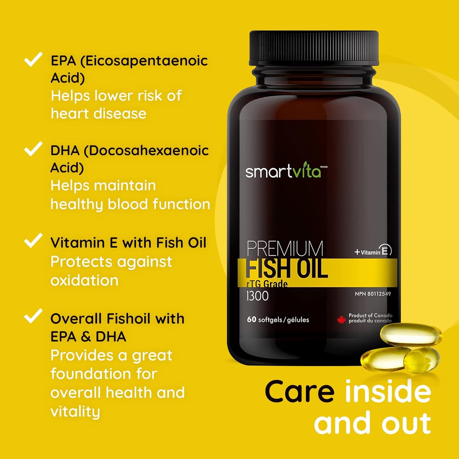 Premium Smartvita Fish Oil Capsules with rTG Grade Omega 3, EPA, DHA, & Vitamin E - Burpless Multivitamin Supplement for Men & Women, 60 Softgels