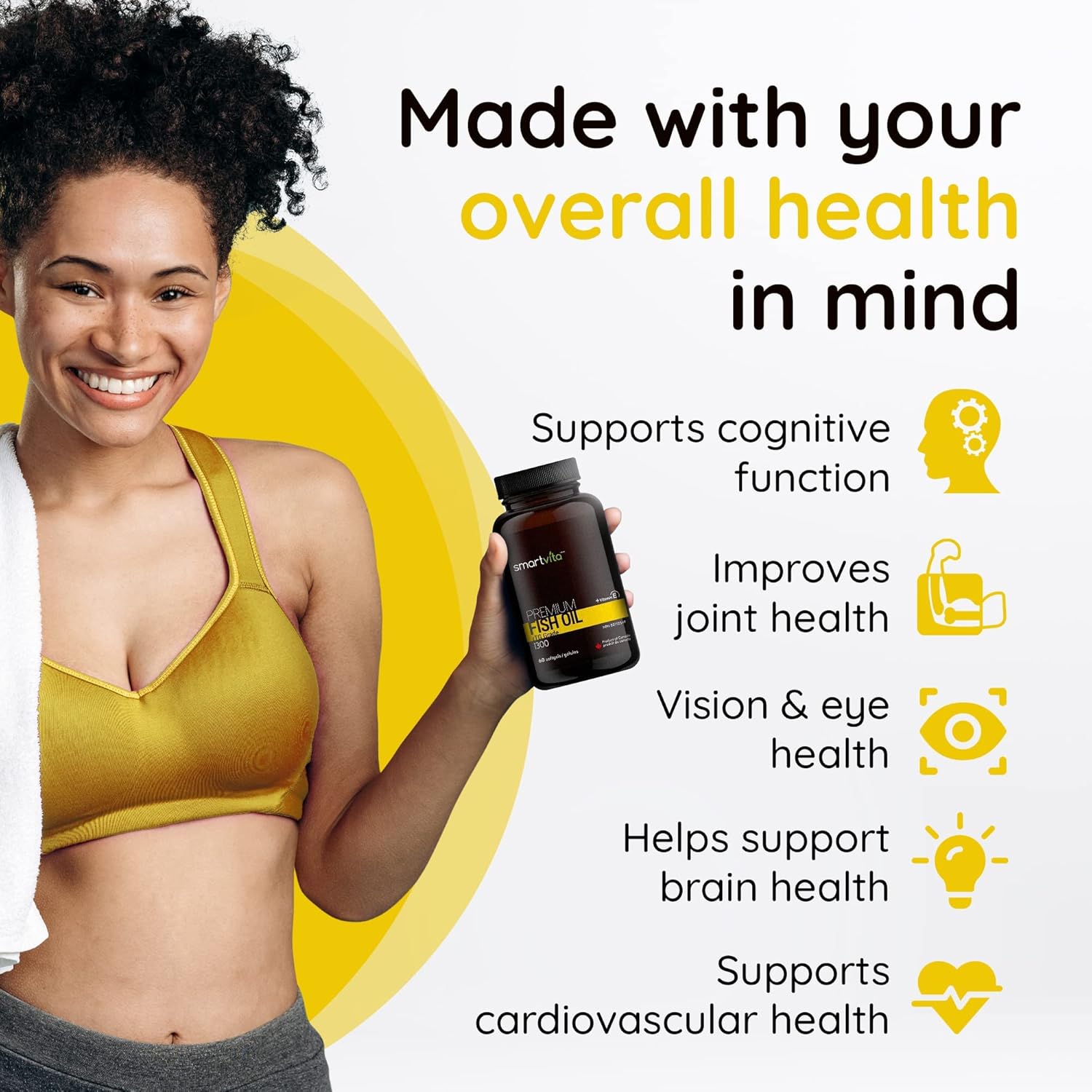 Premium Smartvita Fish Oil Capsules with rTG Grade Omega 3, EPA, DHA, & Vitamin E - Burpless Multivitamin Supplement for Men & Women, 60 Softgels