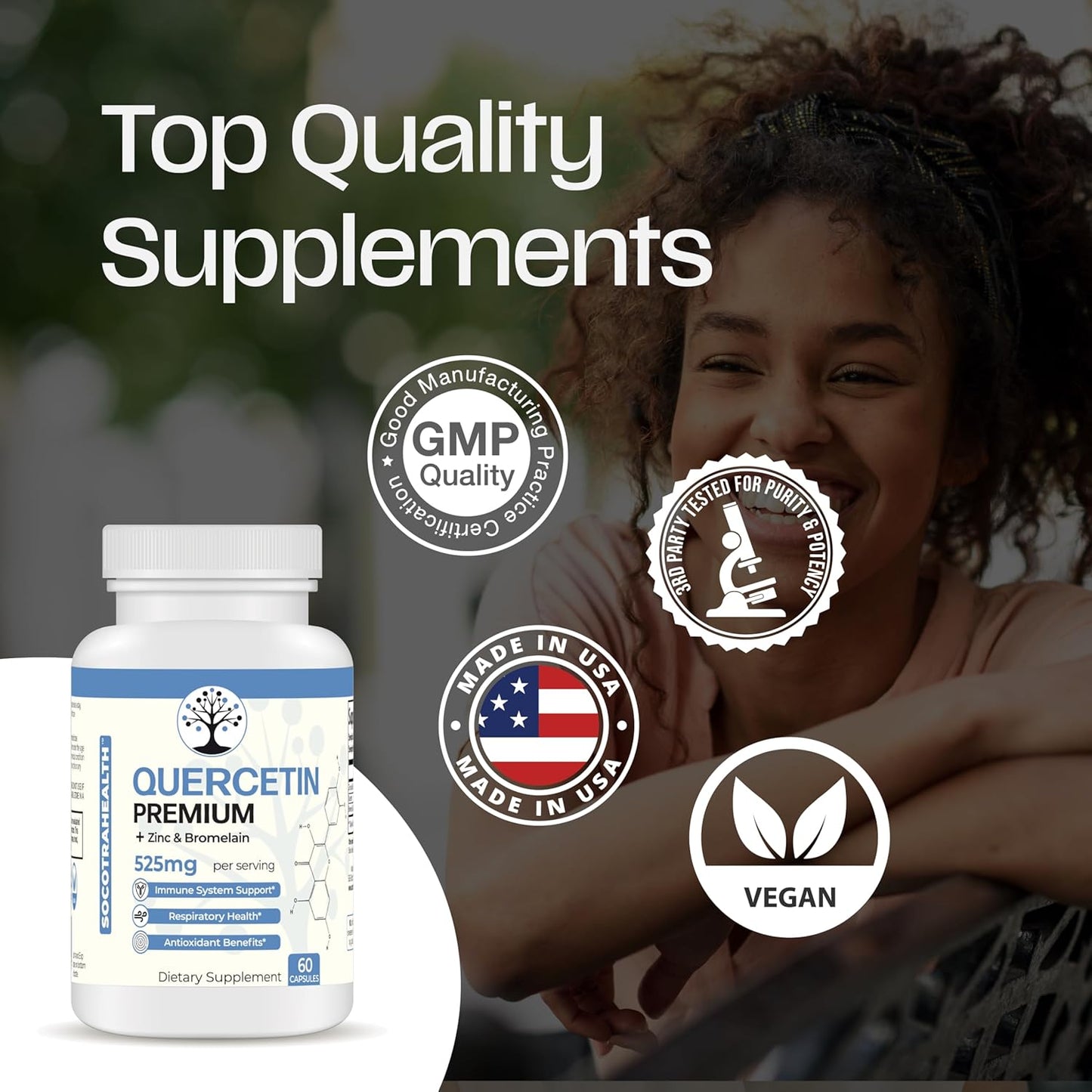 Premium Socotra Health Quercetin with Zinc and Bromelain - Immune and Respiratory Support - Antioxidant Benefits - Non-GMO, Gluten-Free - 60 Vegan Capsules