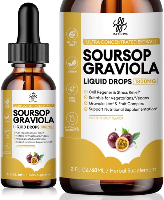 Premium Soursop Graviola Liquid Drops - Digestion, Skin, Sleep Support - Passion Fruit Flavor - 2 Fl Oz