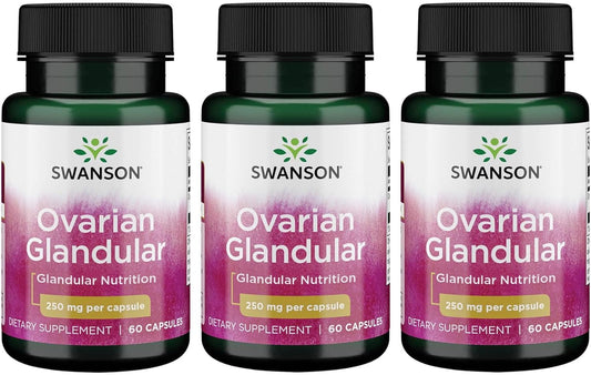 Premium Swanson Ovarian Glandular Supplement for Women's Health - 60 Capsules x 250mg (3 Pack) - Supports Glandular Health and Balance