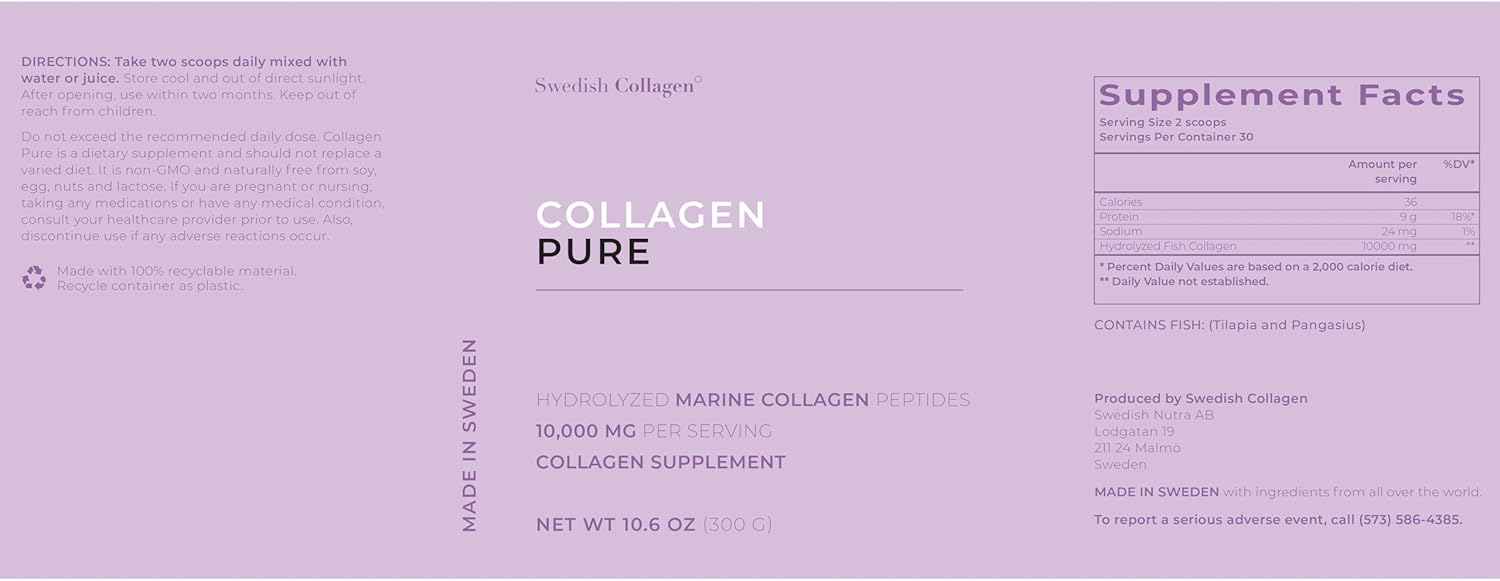 Premium Swedish Collagen Powder Supplement - 10,000 mg Hydrolyzed Marine Collagen - 30 Day Supply for Hair, Skin, Nails & Joints - Pure Peptide Formula - 100% Natural, Gluten Free, Sugar-Free