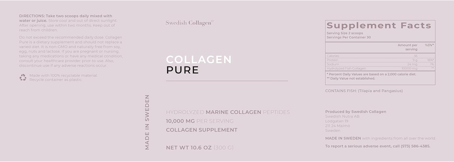 Premium Swedish Collagen Powder Supplement - 10,000 mg Hydrolyzed Marine Collagen - 30 Day Supply for Hair, Skin, Nails & Joints - Pure Peptide Formula - 100% Natural, Gluten Free, Sugar-Free